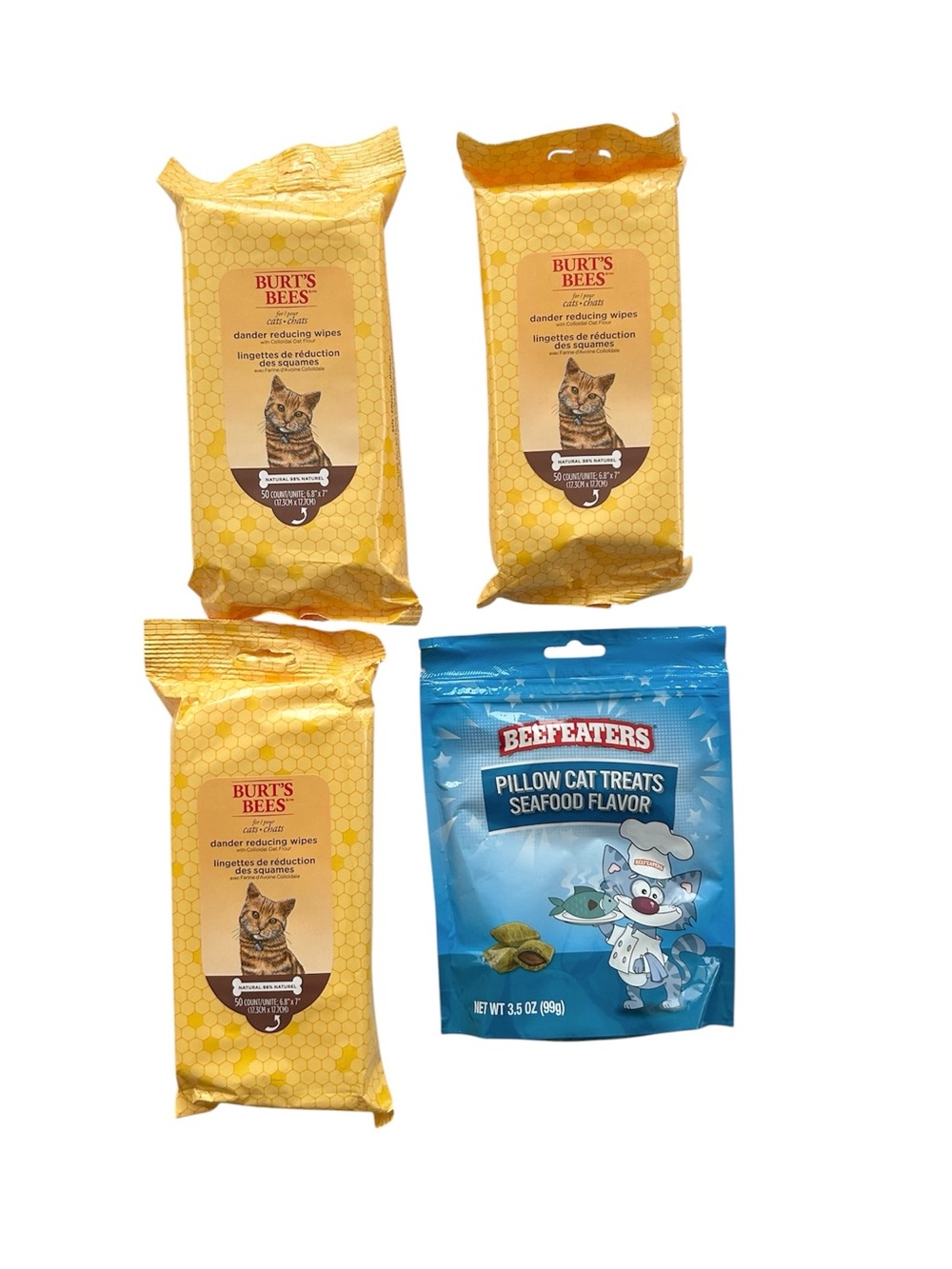 Cat Bundle Three Burt’s Bees Dander Reducing Wipes Beefeaters Pillow Cat Treats